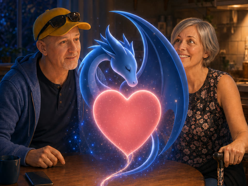 Jack and Glenda at their kitchen table with Luke the blue dragon holding an upright heart; Glenda’s hand rests on her cane